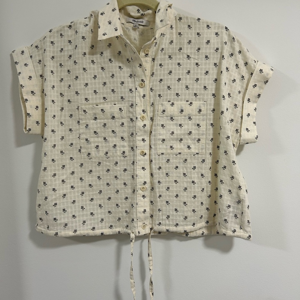 Madewell Ivory Textured Crop Shirt with Black Accents